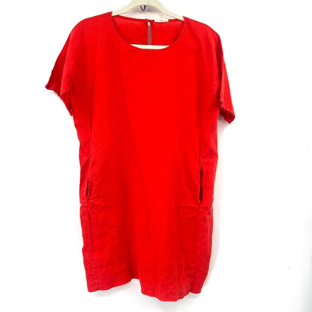 Eileen Fisher organic handkerchief linen boxy dress tomato orange red petite S P